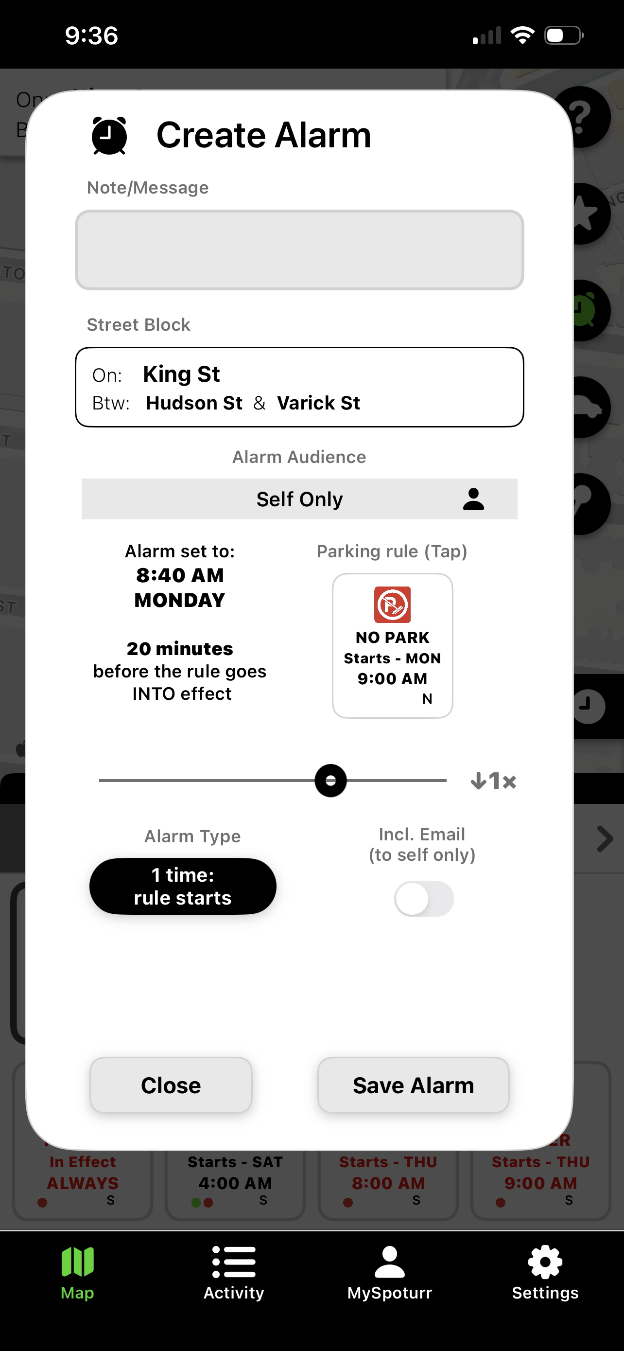 Setting an alarm on a block rule